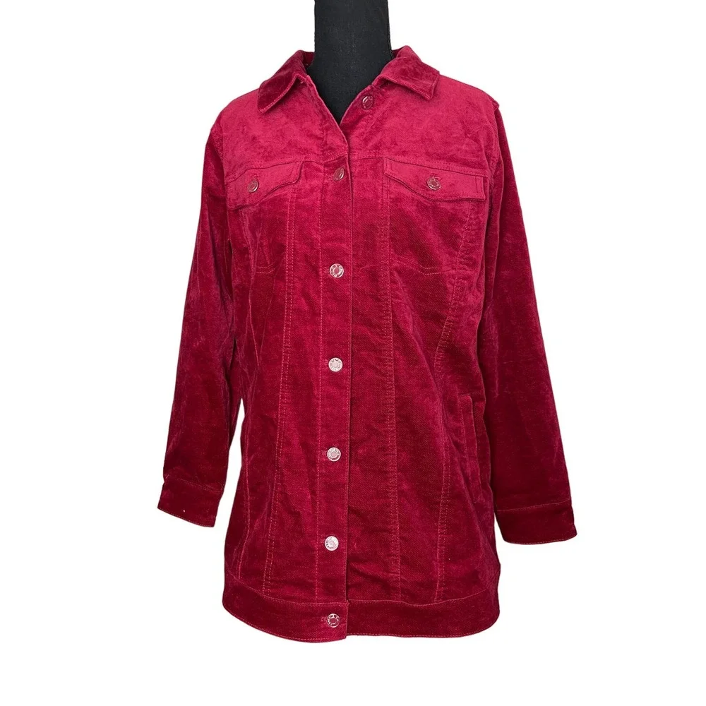 DENIM & CO RED STRETCH VELVETEEN PETITE LONG JACKET NWOT - Picture 2 of 8